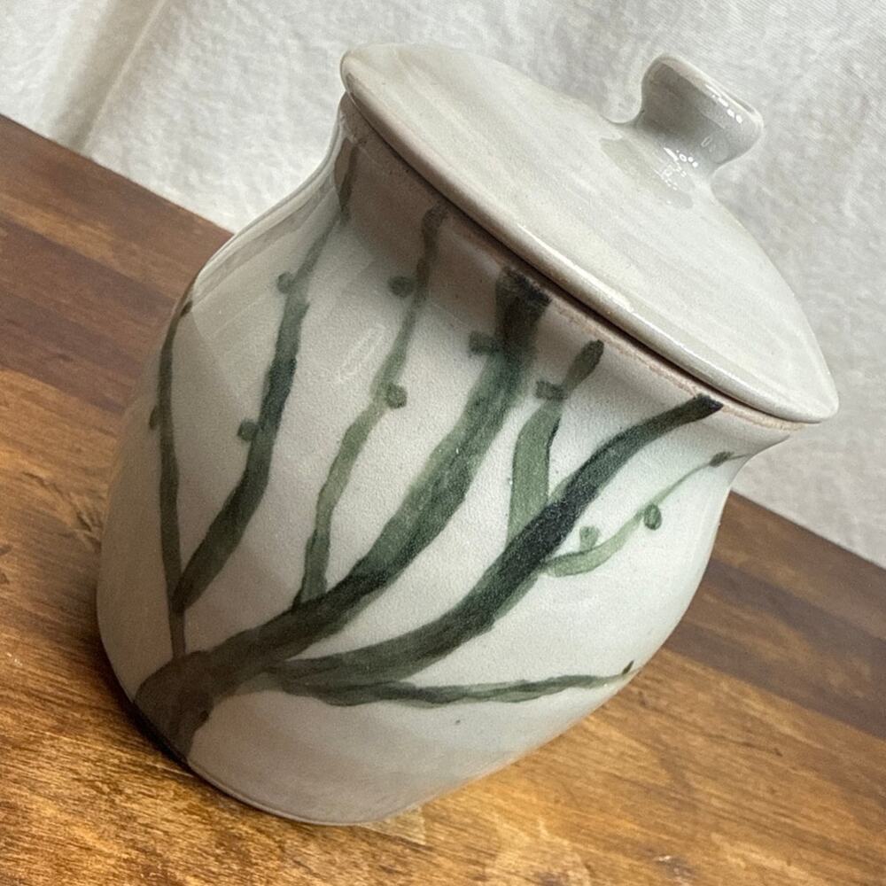 Studio Pottery Ceramic Sugar Bowl Lidded Canister Hand Painted Green Tree Signed